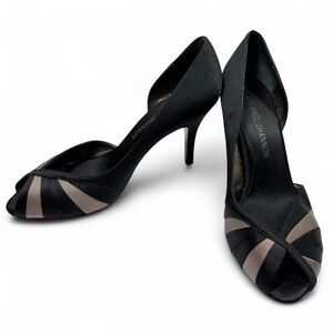 Michael Shannon Black and Silver satin peep toe 4” heels, Sz 9.5, EUC